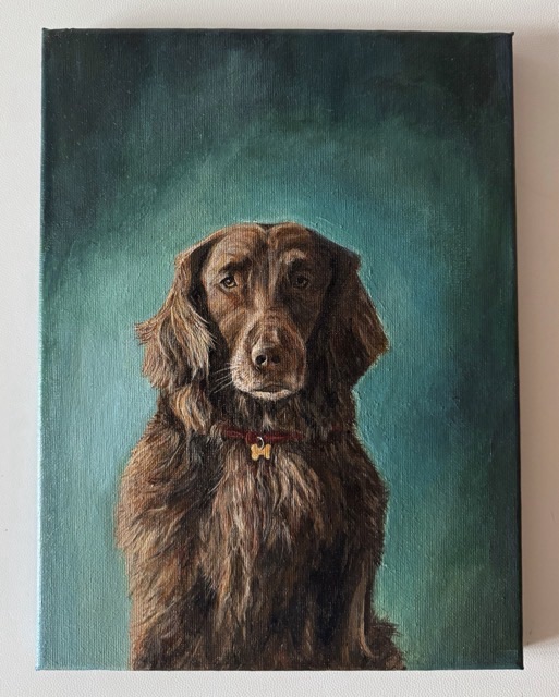 A painting of a brown flat-coat retriever.