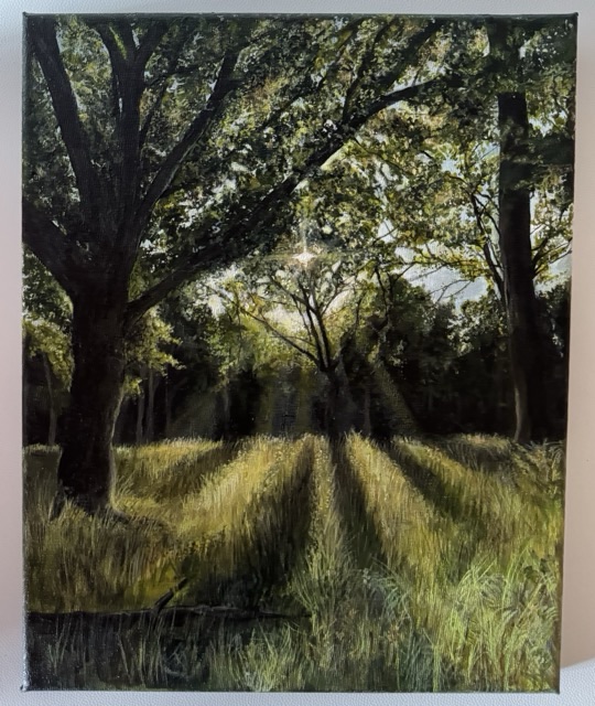 A painting of a woodland scene in evening light.